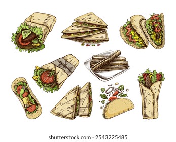 Hand-drawn set of realistic mexican dishes and products. Vintage sketch drawings of Latin American cuisine. Vector ink illustration. Mexican culture. Latin America.