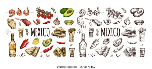 Hand-drawn set of realistic mexican dishes and products. Vintage sketch drawings of Latin American cuisine. Vector ink illustration. Mexican culture. Latin America.