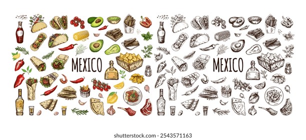 Hand-drawn set of realistic mexican dishes and products. Vintage sketch drawings of Latin American cuisine. Vector ink illustration. Mexican culture. Latin America.