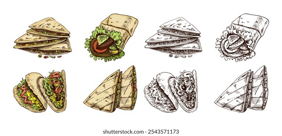 Hand-drawn set of realistic mexican dishes and products. Vintage sketch drawings of Latin American cuisine. Vector ink illustration. Mexican culture. Latin America.