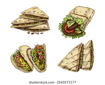 Hand-drawn set of realistic mexican dishes and products. Vintage sketch drawings of Latin American cuisine. Vector ink illustration. Mexican culture. Latin America.