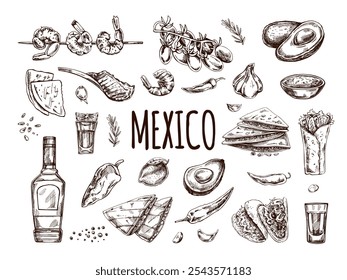 Hand-drawn set of realistic mexican dishes and products. Vintage sketch drawings of Latin American cuisine. Vector ink illustration. Mexican culture. Latin America.