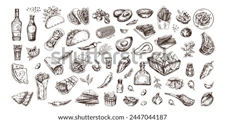 Hand-drawn set of realistic mexican dishes and products. Vintage sketch drawings of Latin American cuisine. Vector ink illustration. Mexican culture. Latin America.