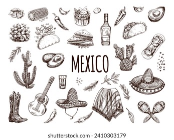 Hand-drawn set of realistic mexican elements. Vintage sketch drawings of Latin American culture. Vector ink illustration. Mexican culture. Latin America.