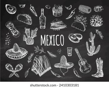 Hand-drawn set of realistic mexican elements on chalkboard background. Vintage sketch drawings of food, drinks, clothes, tools. Vector ink illustration. Mexican culture. Latin America.