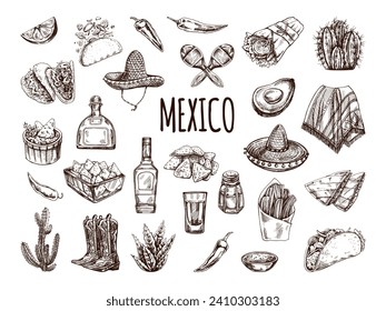 Hand-drawn set of realistic mexican elements. Vintage sketch drawings of Latin American culture, food, drinks, clothes, tools. Vector ink illustration. Mexican culture. Latin America.