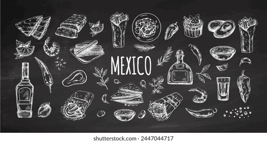 Hand-drawn set of realistic mexican elements. Vintage sketch drawings of Latin American culture. Vector ink illustration on chalkboard background. Mexican culture. 