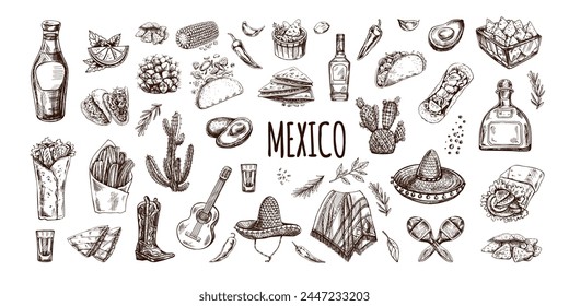 Hand-drawn set of realistic mexican elements. Vintage sketch drawings of Latin American culture. Vector ink illustration. Mexican culture. Latin America.	