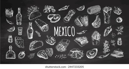 Hand-drawn set of realistic mexican elements. Vintage sketch drawings of Latin American culture. Vector ink illustration on chalkboard background. Mexican culture. 