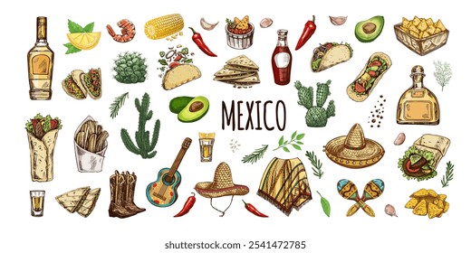 Hand-drawn set of realistic mexican elements. Vintage sketch drawings of Latin American culture. Vector ink illustration. Mexican culture. Latin America.	