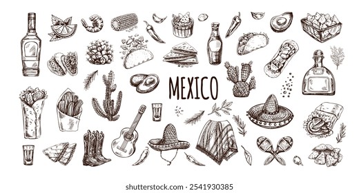 Hand-drawn set of realistic mexican elements. Vintage sketch drawings of Latin American culture. Vector ink illustration. Mexican culture. Latin America.	