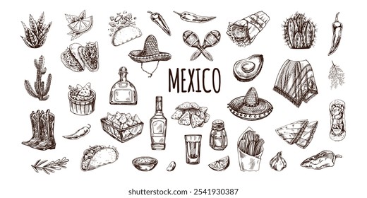 Hand-drawn set of realistic mexican elements. Vintage sketch drawings of Latin American culture. Vector ink illustration. Mexican culture. Latin America.	