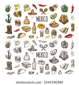 Hand-drawn set of realistic mexican elements. Vintage sketch drawings of Latin American culture. Vector ink illustration. Mexican culture. Latin America.	