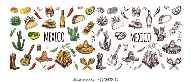 Hand-drawn set of realistic mexican elements. Vintage sketch drawings of Latin American culture. Vector ink illustration. Mexican culture. Latin America.