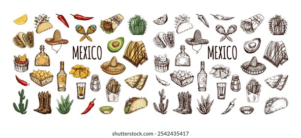 Hand-drawn set of realistic mexican elements. Vintage sketch drawings of Latin American culture, food, drinks, clothes, tools. Vector ink illustration. Mexican culture. Latin America.