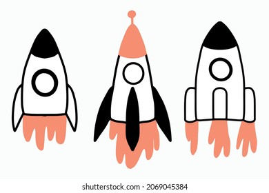 Hand-drawn set of rockets. Set of children's rockets.