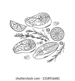 Hand-drawn set of salmon steaks, lemon slices, rosemary, thyme and black pepper peas. Health food.