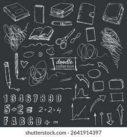 Hand-drawn set of school drawings and doodles with school supplies, lines, graphs, frames and arrows on a black background for the design of educational and creative projects.