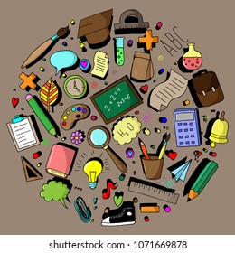 Hand-drawn set of school illustrations. Vector colorful doodles. Cartoon sketches. Back to school. Supplies.