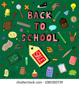 Hand-drawn set of school illustrations. Vector colorful doodles. Cartoon sketches. Back to school sale. Supplies.