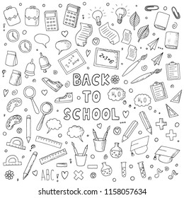 Hand-drawn set of school illustrations. Vector colorful doodles. Cartoon sketches. Back to school. Supplies. Two different hand-drawn styles. Isolated objects on a white background.