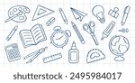 Hand-drawn set of school supplies. Doodle vector illustration