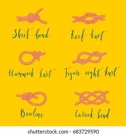 Hand-drawn set of sea bends with lettering made in vector