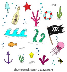 Hand-drawn set of sea and ocean illustrations. Isolated sketches on a white background. Vector cartoon doodles.