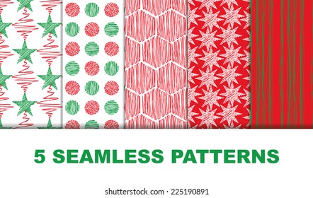 hand-drawn set seamless patterns. Christmas repeating backgrounds. 
