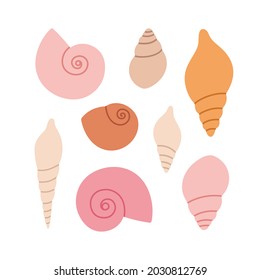 Hand-drawn set of seashells in pastel colors. Concept of ocean flora and fauna, marine and underwater life, summertime. Colored vector illustration, isolated on white.