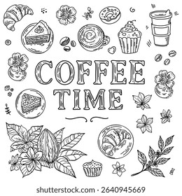 A hand-drawn set, a sketch in black ink, a coffee design in the style of sketches, made in the style of doodles. For a cafe.