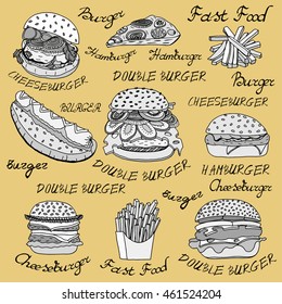 Hand-drawn set of sketchy fast food illustrations, burgers, hot dogs, French fries and pizza. Vector illustration, isolated on yellow