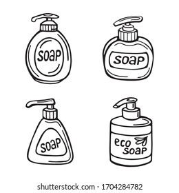 ein handgezeichneter Satz von Seifenflaschen einzeln auf weißem Hintergrund. Vektorillustration im Doodle-Stil. Naturseife, Pflegeprodukte.