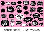 Hand-drawn set of speech bubbles with handwritten short phrases like "Cool, OMG, go away, wow, lit, yeah" and others. Collection of modern trendy comic elements for stickers.