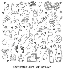 Hand-drawn set of sport lifestyle icons. In doodle style, black outline isolated on a white background. Cute element for card, social media banner, sticker, print, design. Vector illustration.
