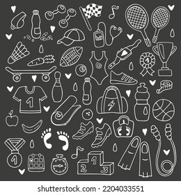 Hand-drawn set of sport lifestyle icons. White outline on black background. Cute element in doodle style for card, social media banner, sticker, print, design. Vector illustration.