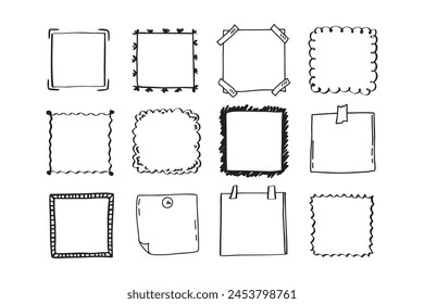 Handdrawn set of square scribbles frame. Doodle line empty frames. Vector illustration