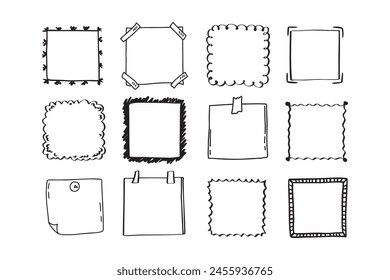 Handdrawn set of square scribbles frame. Doodle line empty frames. Vector illustration