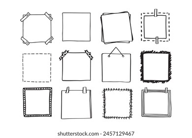 Conjunto dibujado a mano de marco cuadrado de garabatos. Doodle line marcos vacíos. Ilustración vectorial