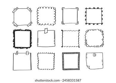 Handdrawn set of square scribbles frame. Doodle line empty frames. Vector illustration