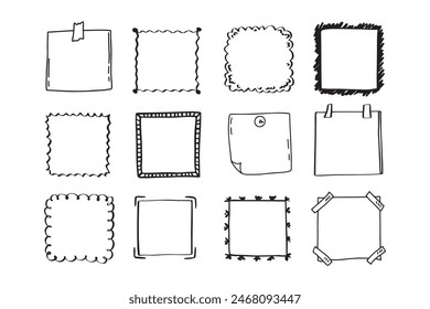 Handdrawn set of square scribbles frame. Doodle line empty frames. Vector illustration