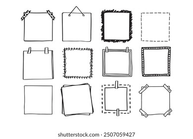 Handdrawn set of square scribbles frame. Doodle line empty frames. Vector illustration