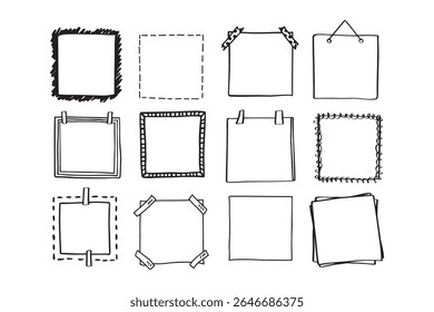 Handdrawn set of square scribbles frame. Doodle line empty frames. Vector illustration