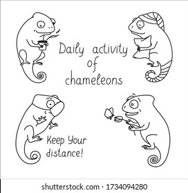 Hand-drawn set of stikers with cute chameleons in line style. Vector illustration. Daily activity of chameleons. 