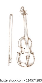 Hand-drawn set of stringed musical instruments.  Engraving art. Violin and bow for banner and advertising by cross-hatching, contour hatching pen ink sketch drawing technique.Use tecnicial handl