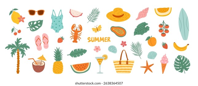 Hand-drawn set of summer beach tropical elements. Sea, vacation, fruits, tropical leaves.