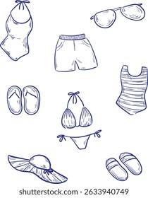 Conjunto desenhado à mão de roupas de praia de verão. Ilustração em linha vetorial com maiô, biquíni, óculos de sol, chapéu, chinelos e shorts. Perfeito para design de verão, conceitos de moda e temas de viagem.