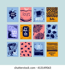 Hand-drawn Set of summer cards, icons, logos, lettering, calligraphy, ink text.
Template for sail, holidays, tropical vacation, summer poster, banner, invitation, envelope, background, journal cards