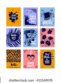Hand-drawn Set of summer cards, icons, logos, lettering, calligraphy, ink text.
Template for sail, holidays, tropical vacation, summer poster, banner, invitation, envelope, background, journal cards