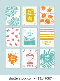Hand-drawn Set of summer cards, icons, logos, lettering, calligraphy, ink text.
Template for sail, holidays, tropical vacation, summer poster, banner, invitation, envelope, background, journal cards